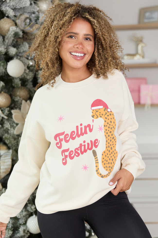 Feelin' Festive Cream Oversized Graphic Sweatshirt