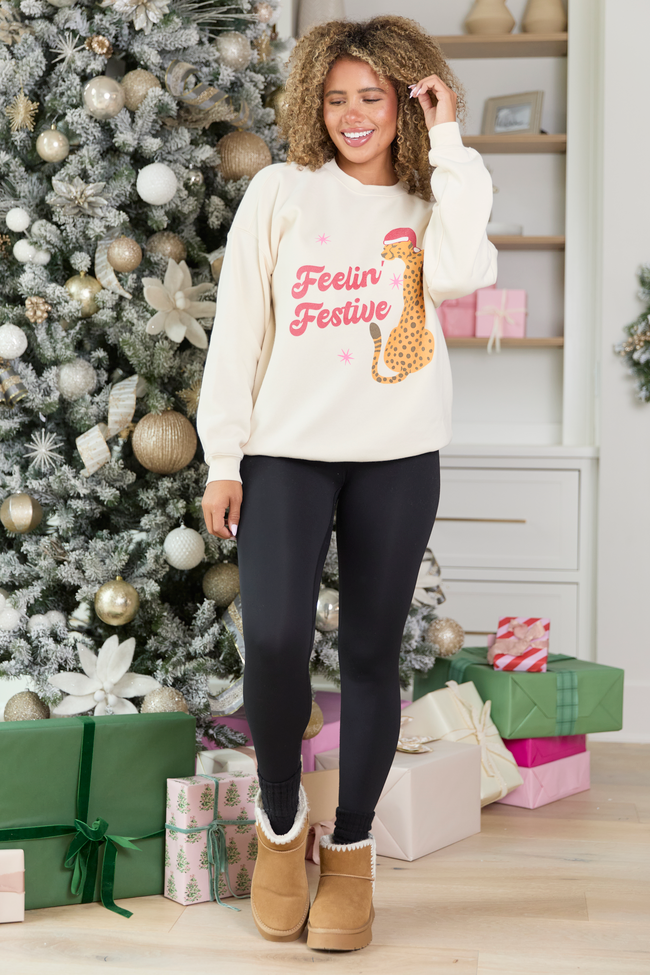 Feelin' Festive Cream Oversized Graphic Sweatshirt