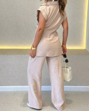 IVELE - Elegant Sleeveless Blouse and High Waisted Pants Set