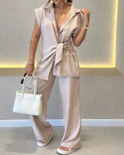 IVELE - Elegant Sleeveless Blouse and High Waisted Pants Set