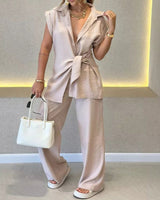 IVELE - Elegant Sleeveless Blouse and High Waisted Pants Set
