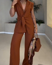 IVELE - Elegant Sleeveless Blouse and High Waisted Pants Set
