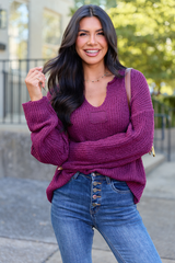 Mckenzie Wine Open Knit V-Neck Sweater SALE