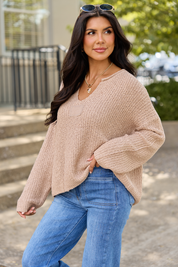 Mckenzie Taupe Open Knit V-Neck Sweater SALE