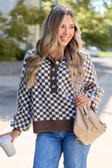 Well Worth It Checkered Mock Neck Button Sweater Brown/White SALE