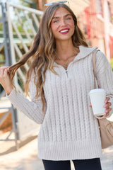 Forever Yours Beige Cable Knit Chenille Quarter Zip Sweater SALE