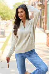 Make It Count Beige Flower Printed Quarter Zip Pullover SALE