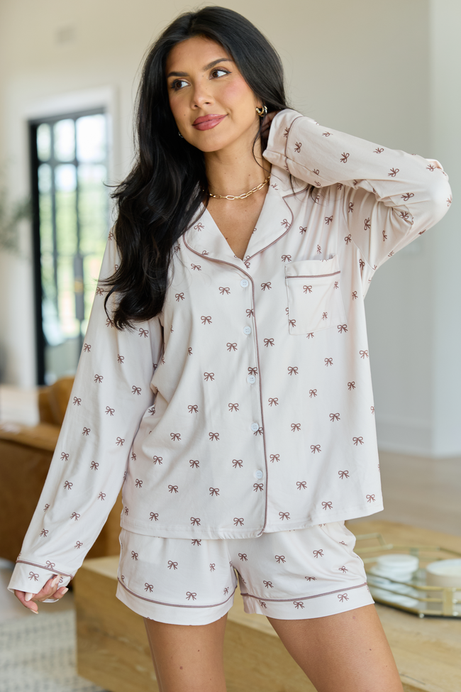 Cozy Crush Lightweight Long Sleeve Pajama Top - Brown Bow Print