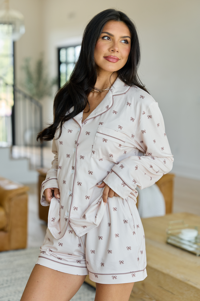 Cozy Crush Lightweight Long Sleeve Pajama Top - Brown Bow Print