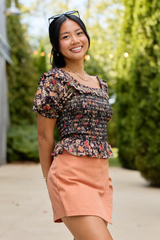 Beautifully Done Black Floral Smocked Peplum Blouse