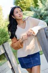 A Timeless Touch Neutral Color Block V-Neck Sweater SALE