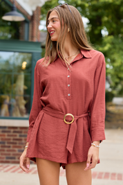 Take The Lead Rust Long Sleeve Romper