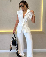IVELE - Elegant Sleeveless Blouse and High Waisted Pants Set