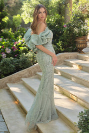 Andrea & Leo A1488 Removable Organza Sleeve Fitted Evening Gown