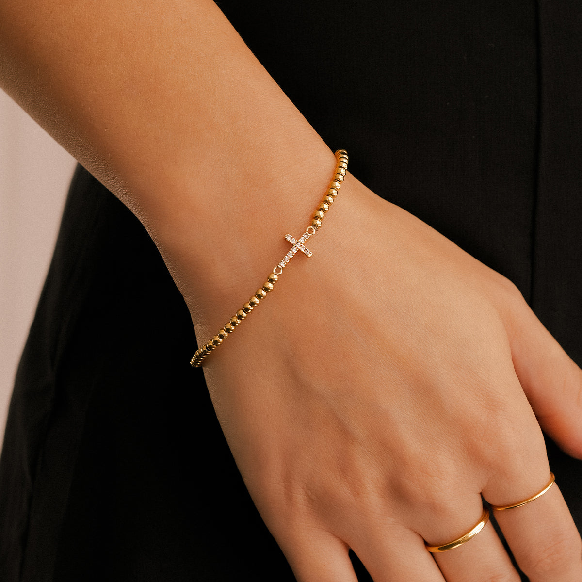 Gold Beaded Cross Stretch Bracelet
