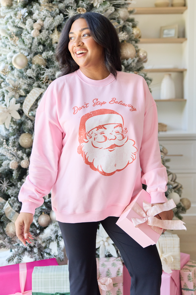 Don't Stop Believin' Light Pink Oversized Graphic Sweatshirt