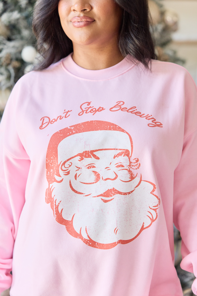 Don't Stop Believin' Light Pink Oversized Graphic Sweatshirt