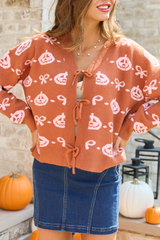 Pretty Little Pumpkin Tie Front Cardigan Rust/Pink SALE