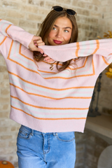 Color Me Cozy Pink Orange Striped Crew Neck Sweater SALE