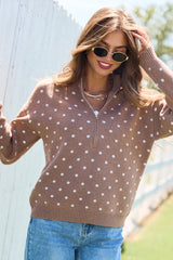 Make It Count Polka Dot Quarter Zip Pullover Brown