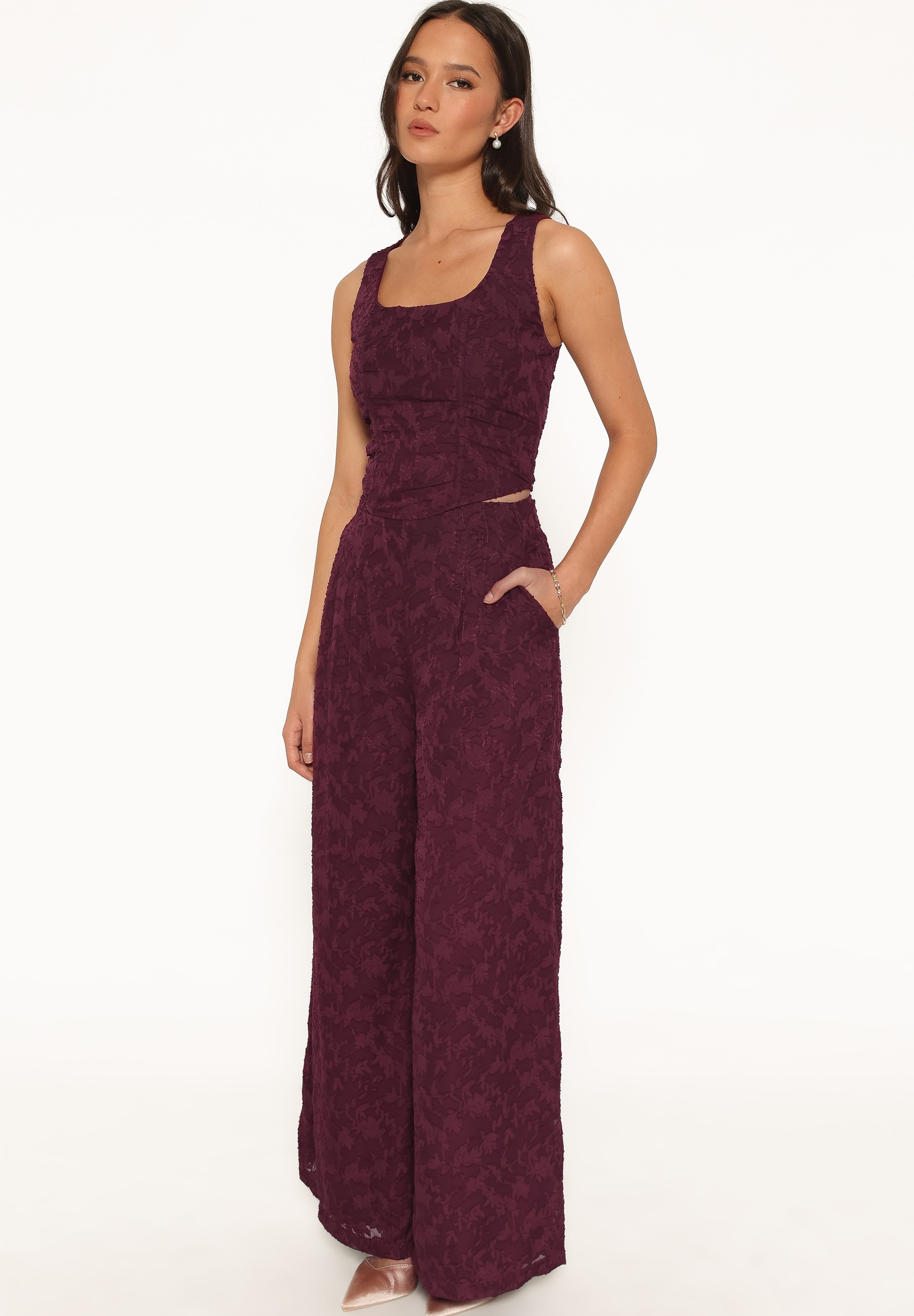 Ada Wide Leg Pants - Plum Burnout