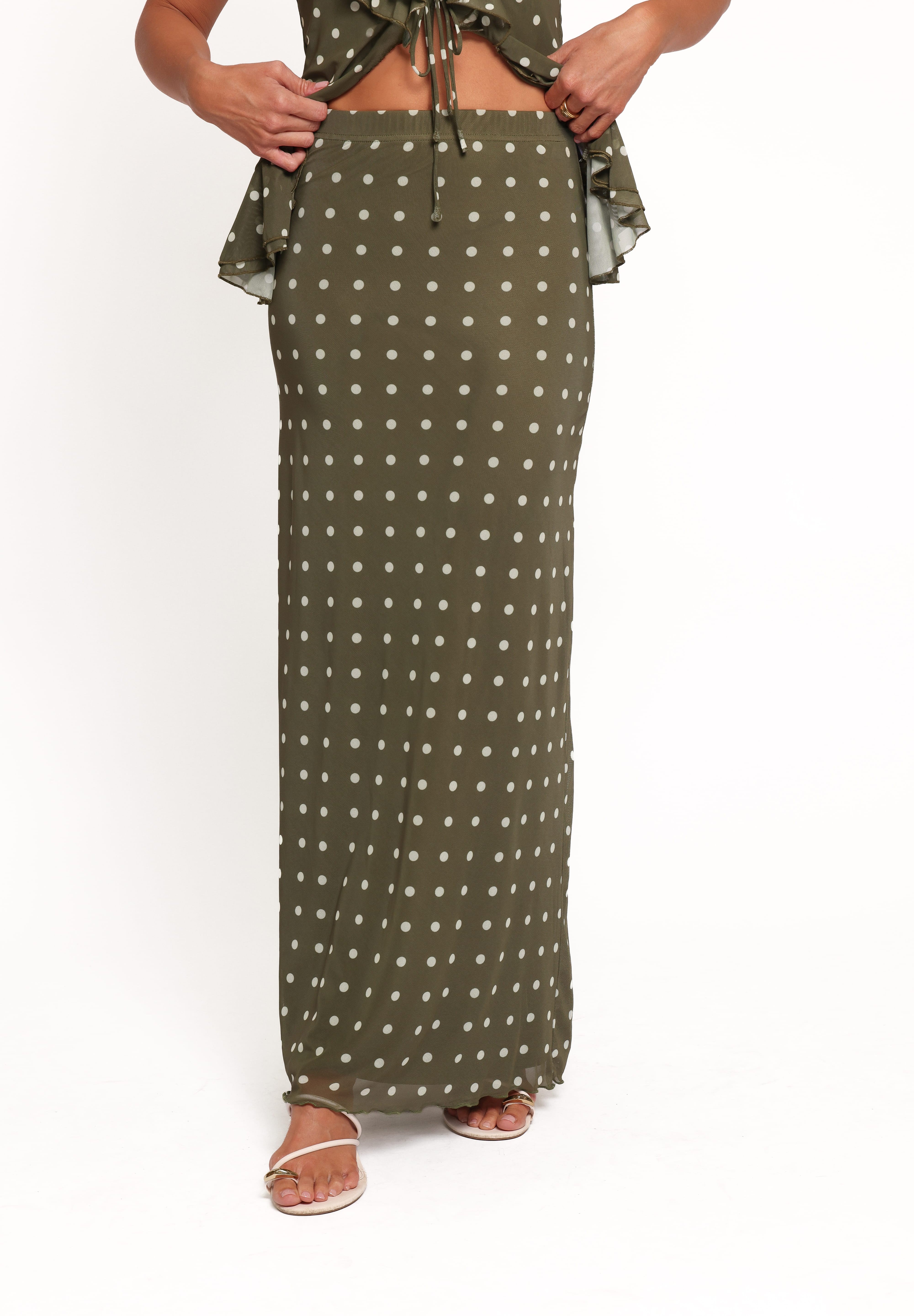 Bloise Maxi Skirt - Olive Green Polka Dot