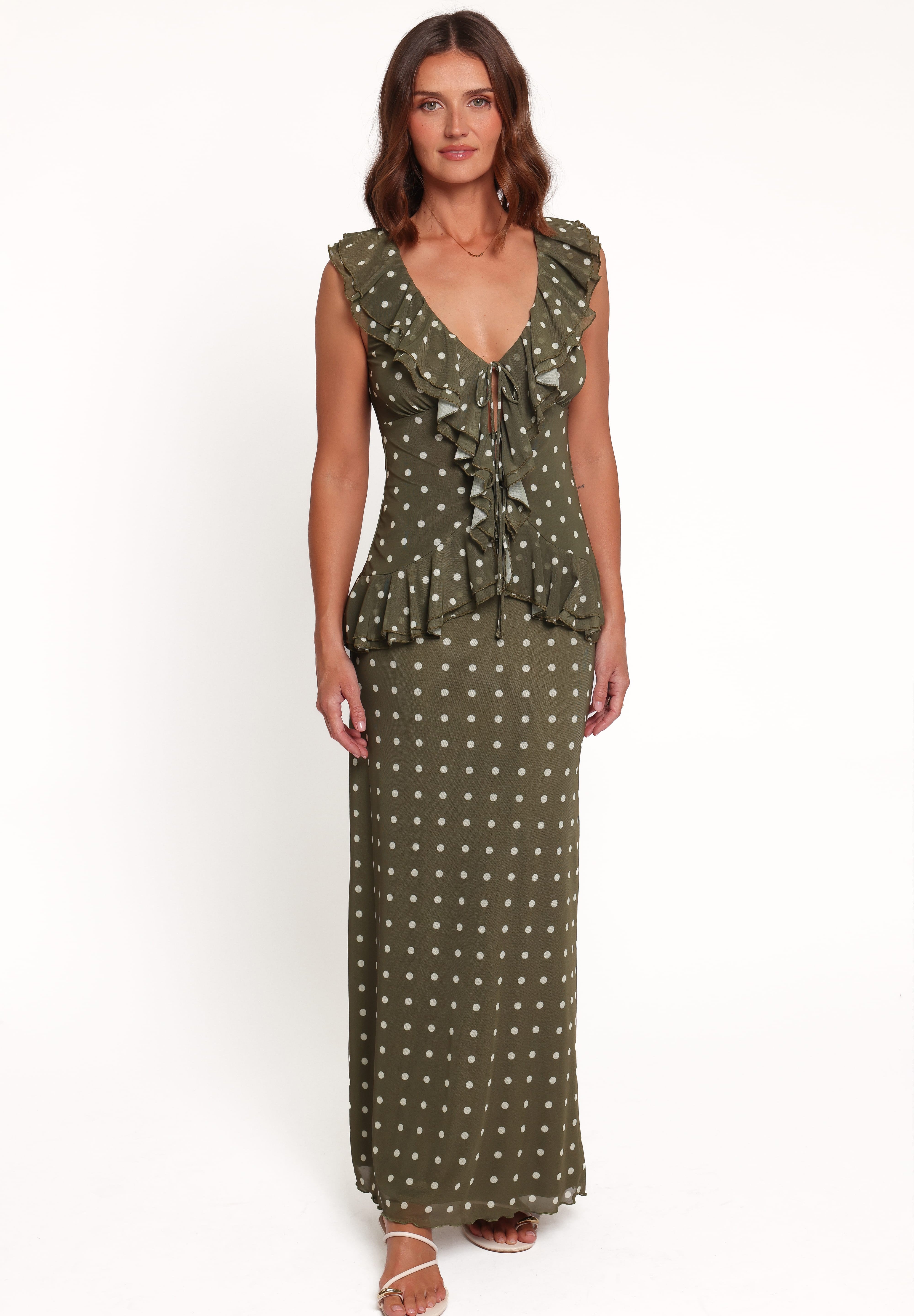 Bloise Maxi Skirt - Olive Green Polka Dot