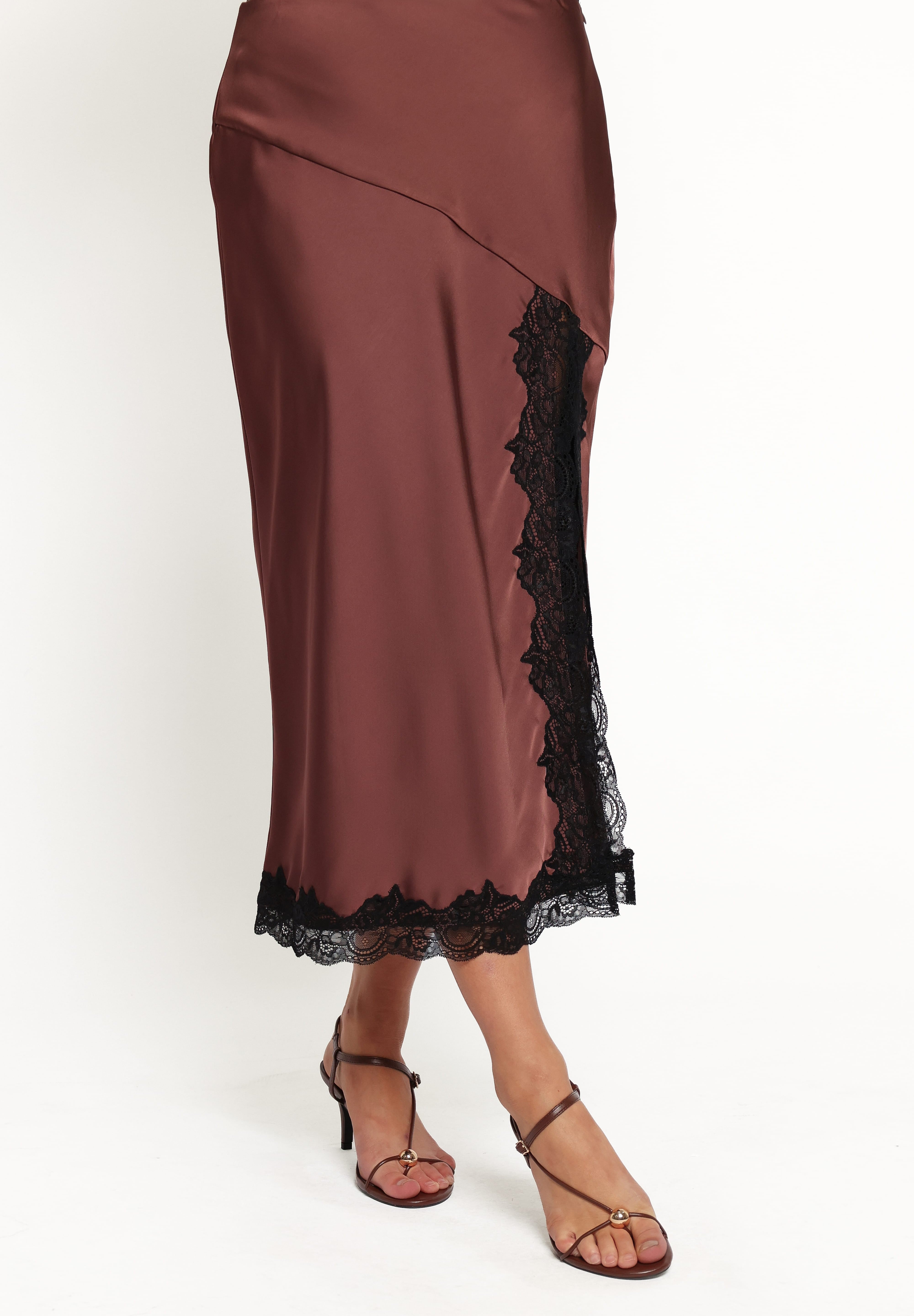 Theoni Slit Front Lace Trim Skirt - Brown