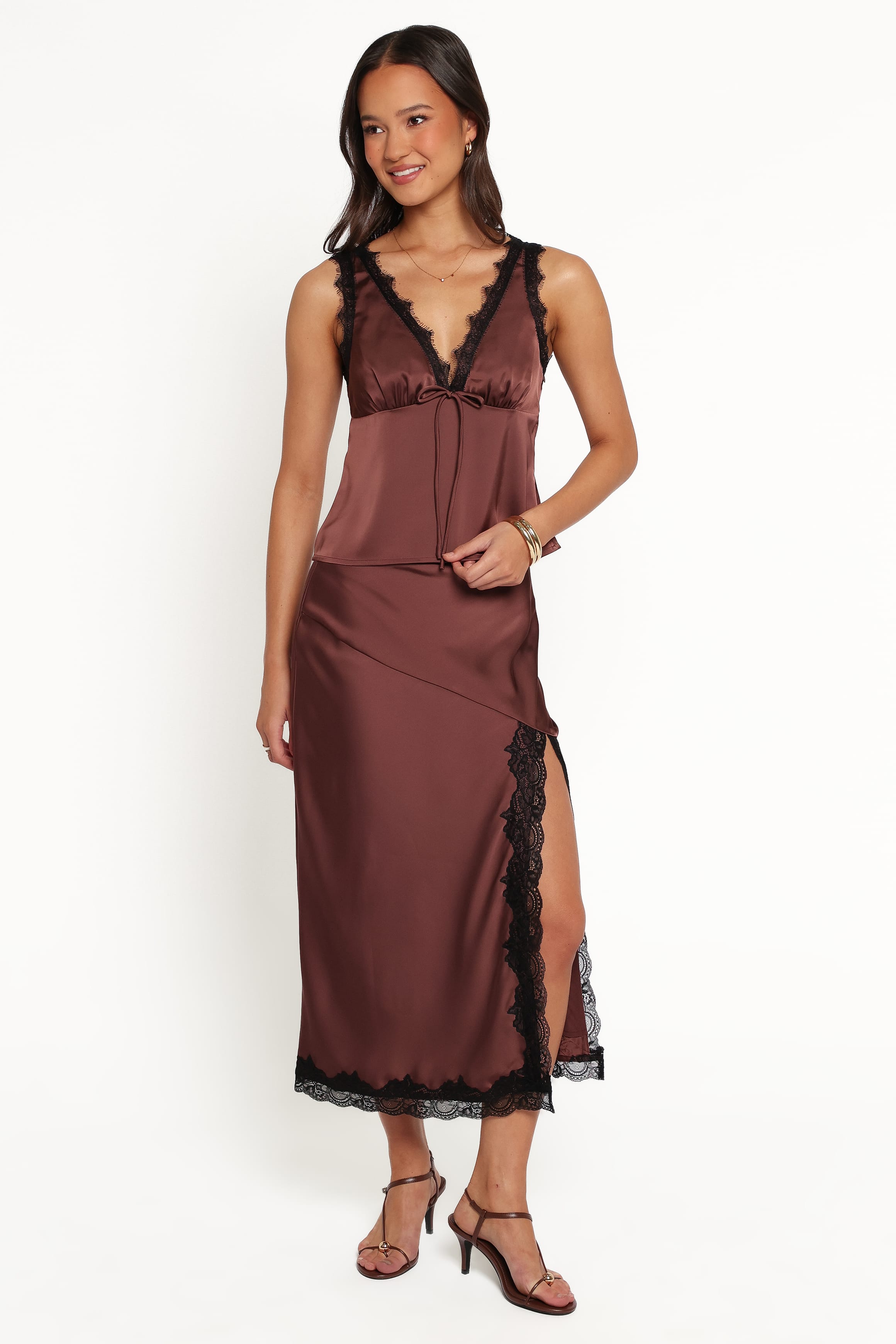 Theoni Slit Front Lace Trim Skirt - Brown