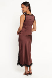 Theoni Slit Front Lace Trim Skirt - Brown