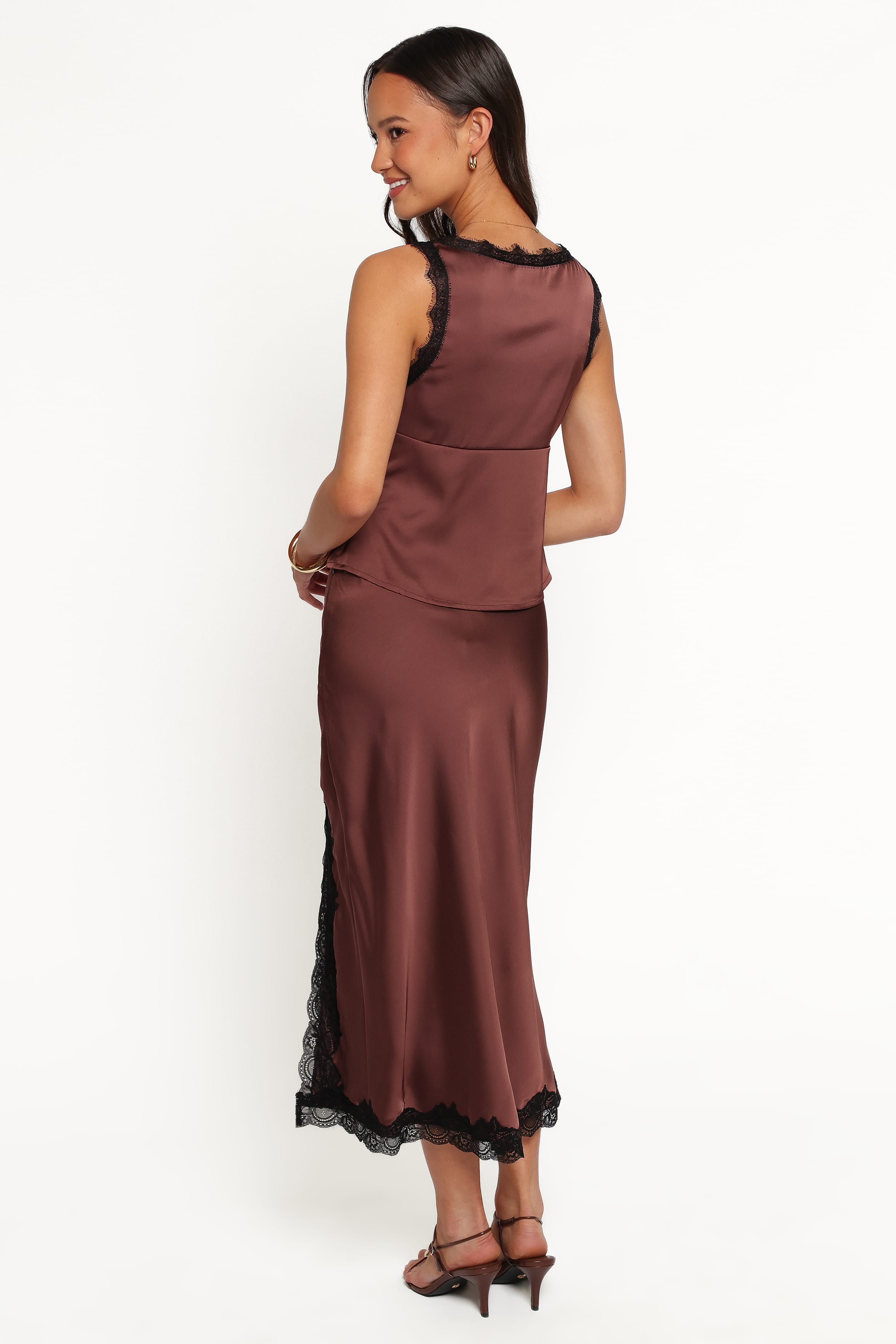 Theoni Slit Front Lace Trim Skirt - Brown