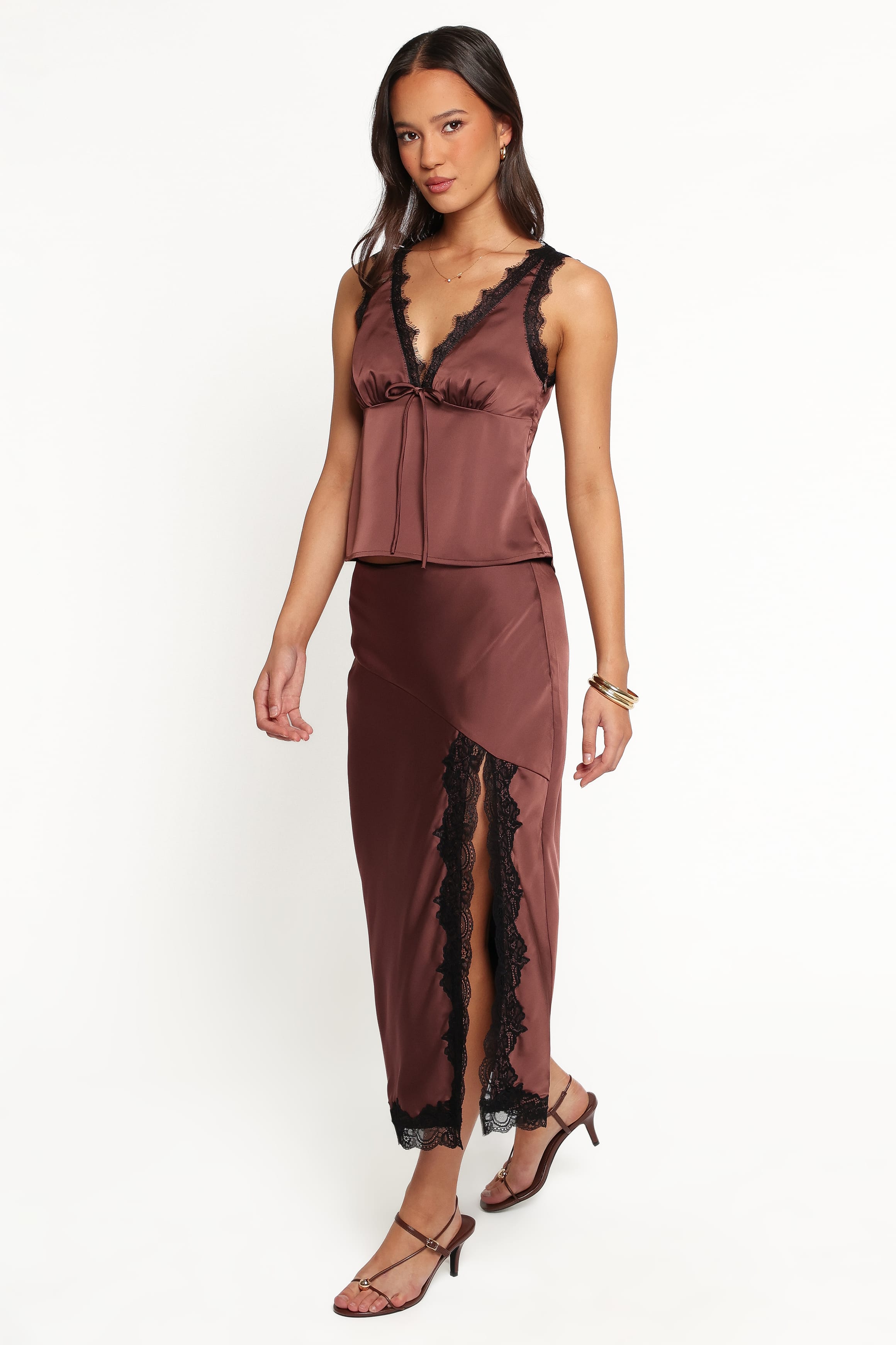 Theoni Slit Front Lace Trim Skirt - Brown