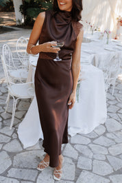 Anabelle Halter Neck Lace Maxi Dress - Chocolate Brown