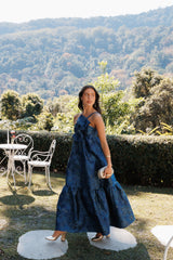 Betina Bow Front Maxi Dress - Blue Brocade