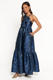 Betina Bow Front Maxi Dress - Blue Brocade
