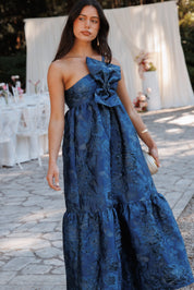 Betina Bow Front Maxi Dress - Blue Brocade