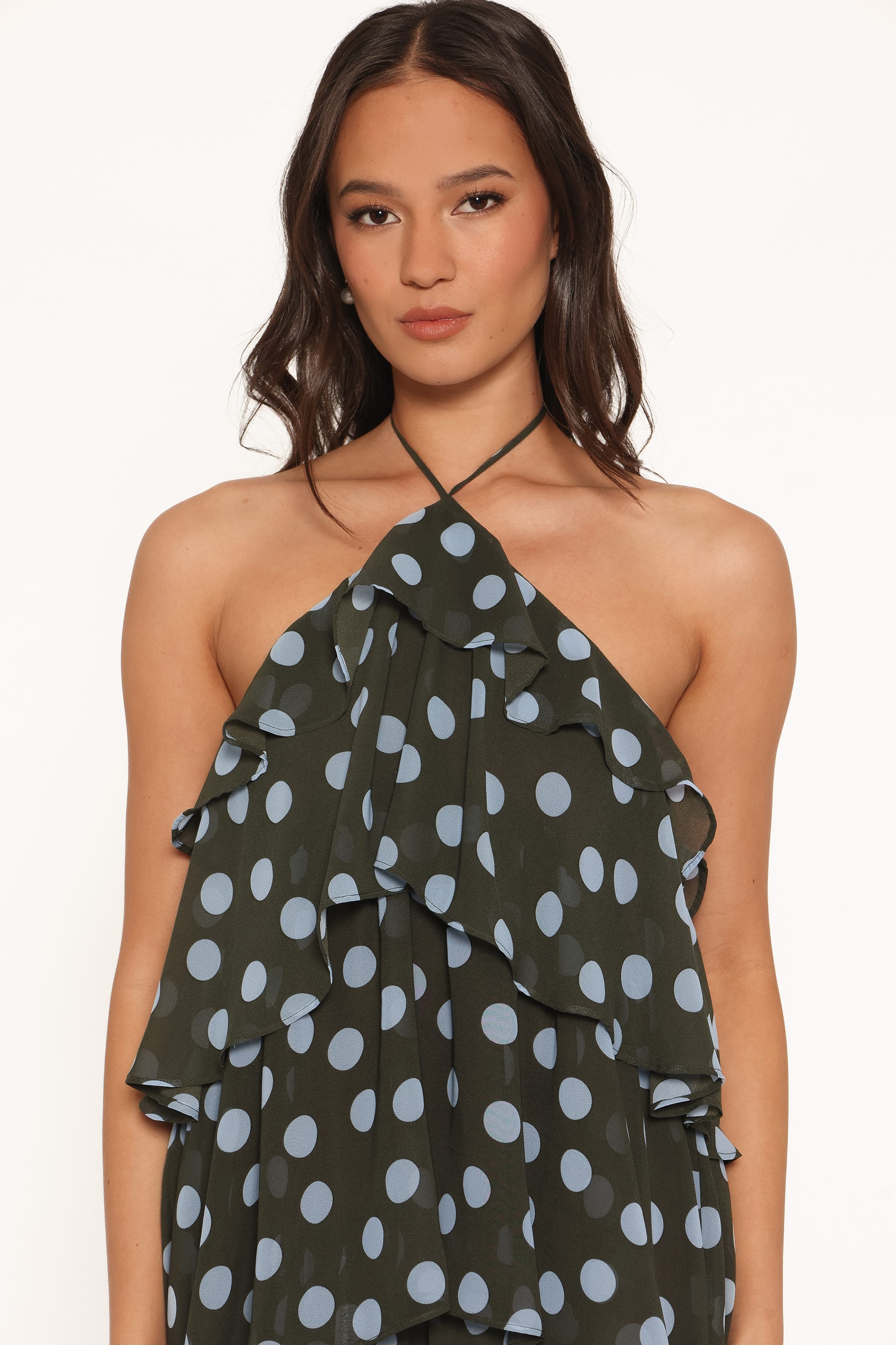 Chasity Halterneck Maxi Dress - Olive Polka Dot