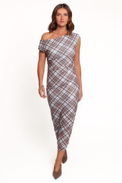 Clea Off Shoulder Mesh Midi Dress - Blue Plaid
