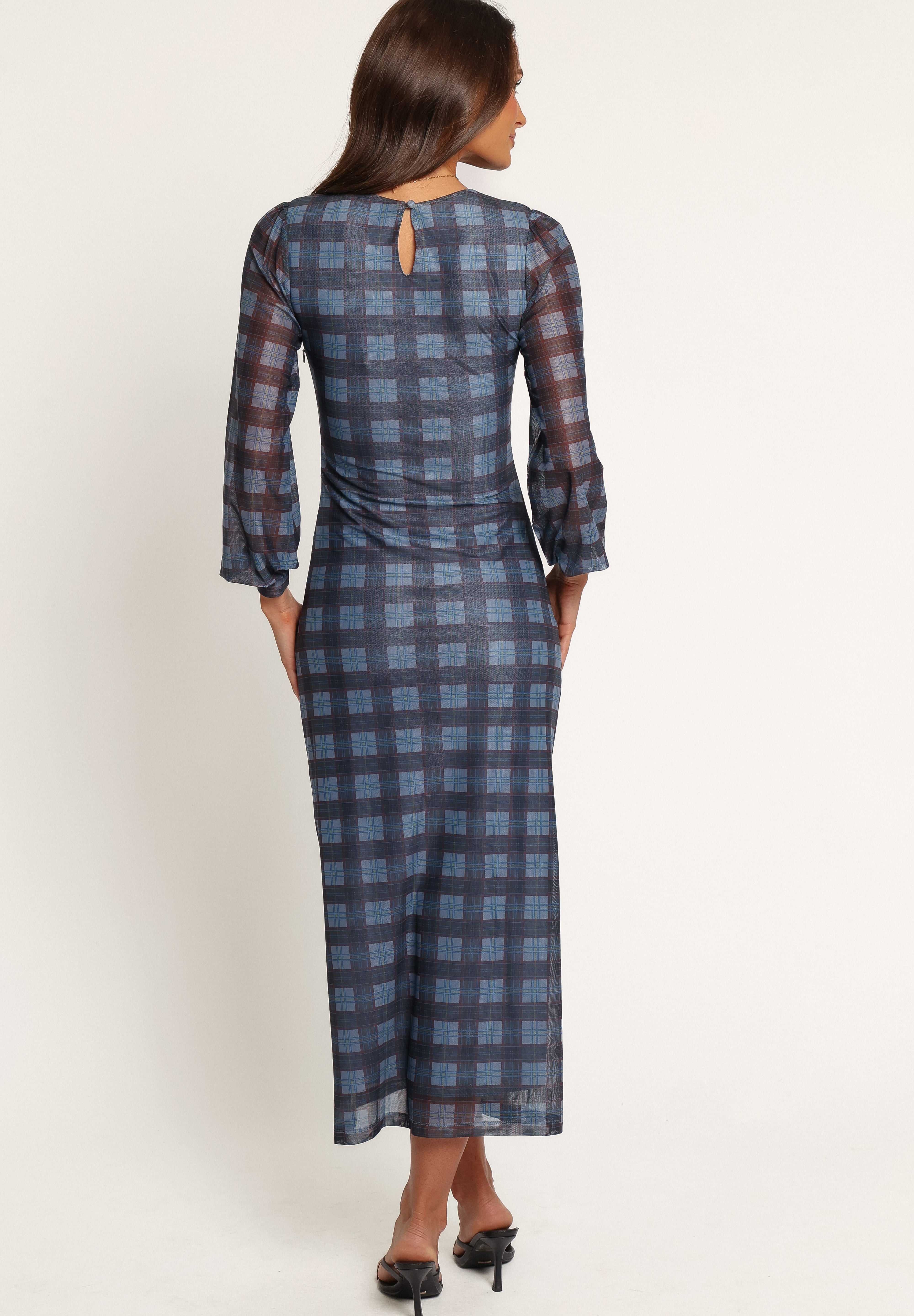 Clemens Mesh Maxi Dress - Blue Plaid