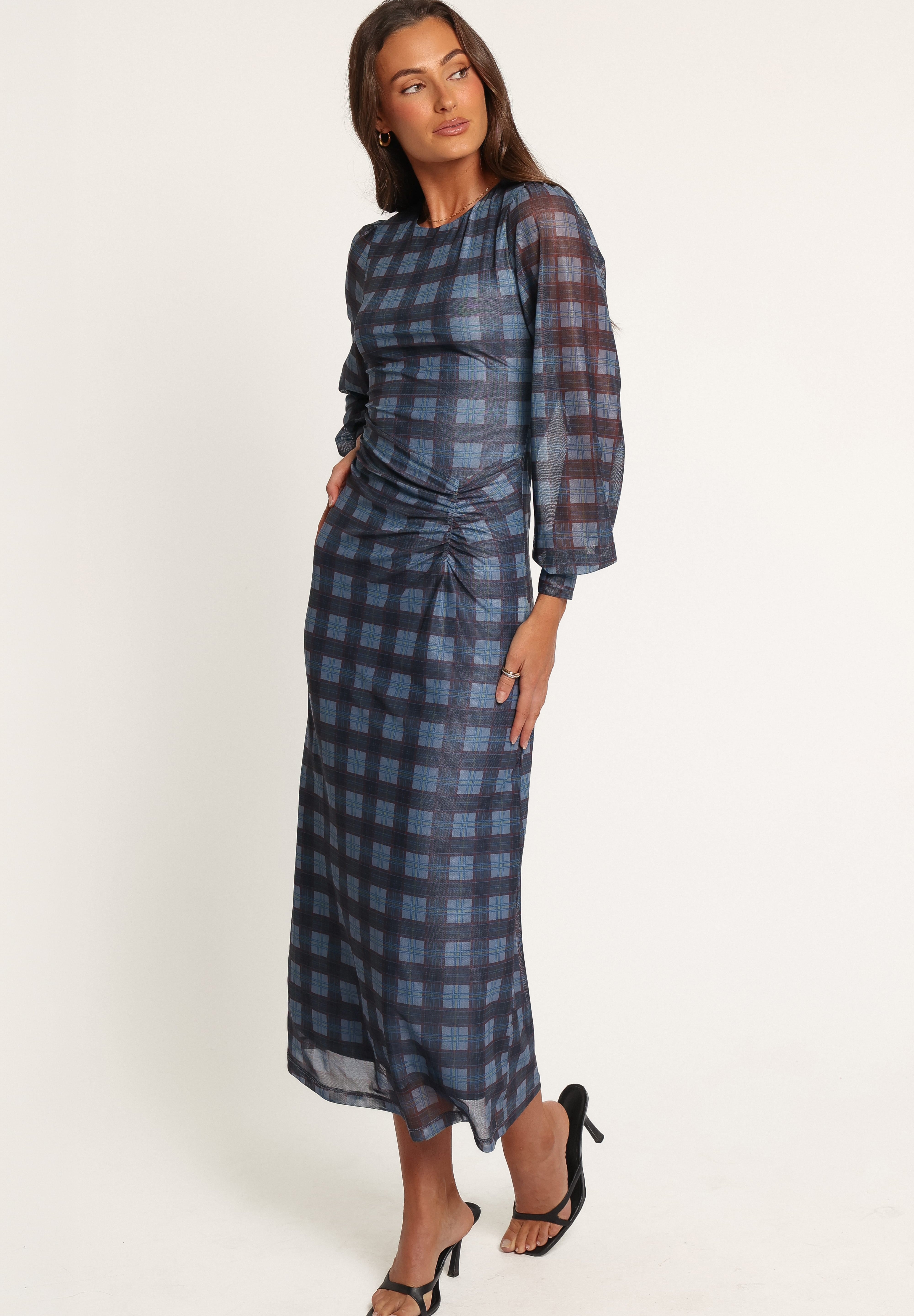 Clemens Mesh Maxi Dress - Blue Plaid