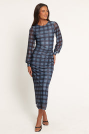 Clemens Mesh Maxi Dress - Blue Plaid