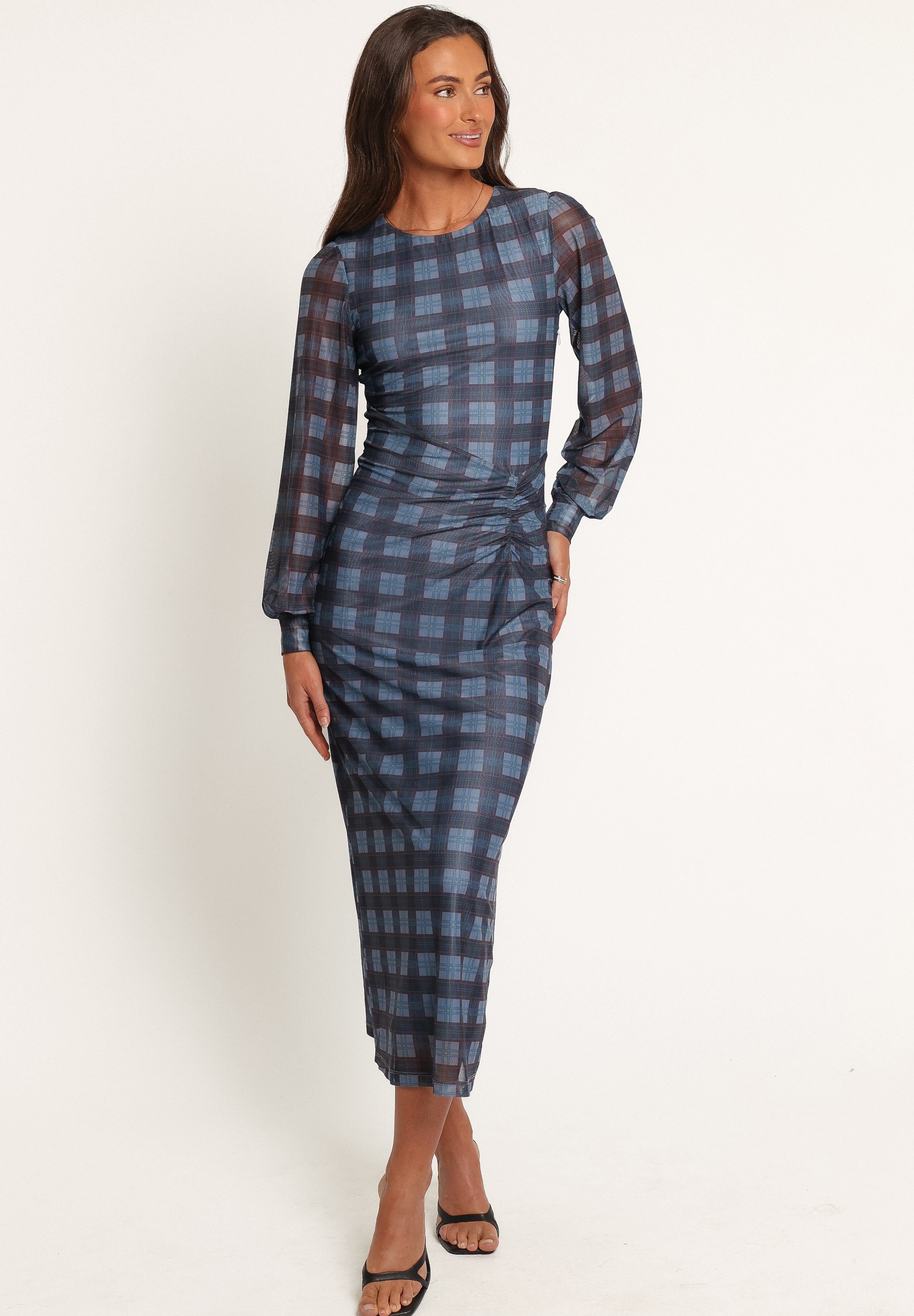 Clemens Mesh Maxi Dress - Blue Plaid