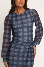 Clemens Mesh Maxi Dress - Blue Plaid