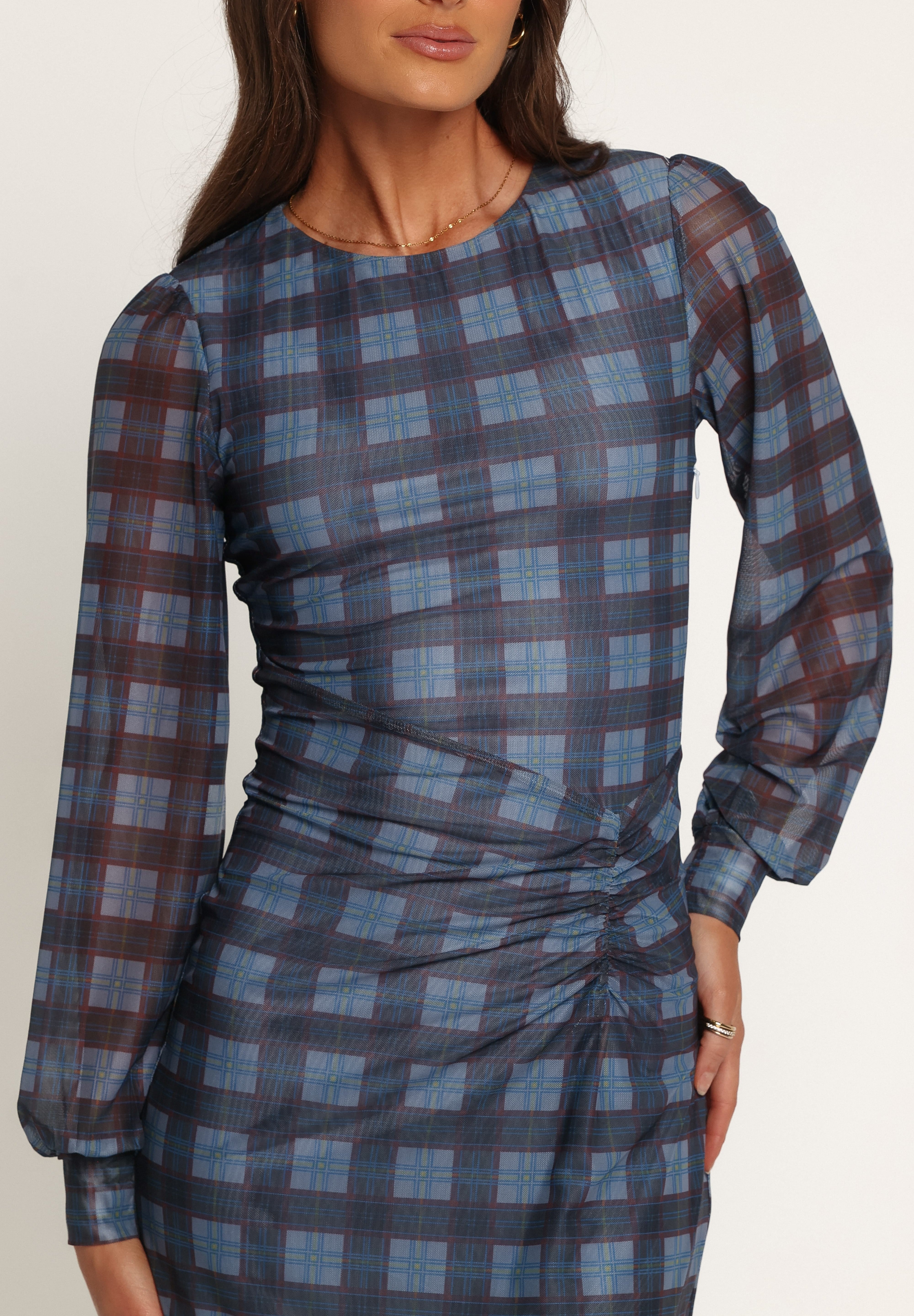 Clemens Mesh Maxi Dress - Blue Plaid