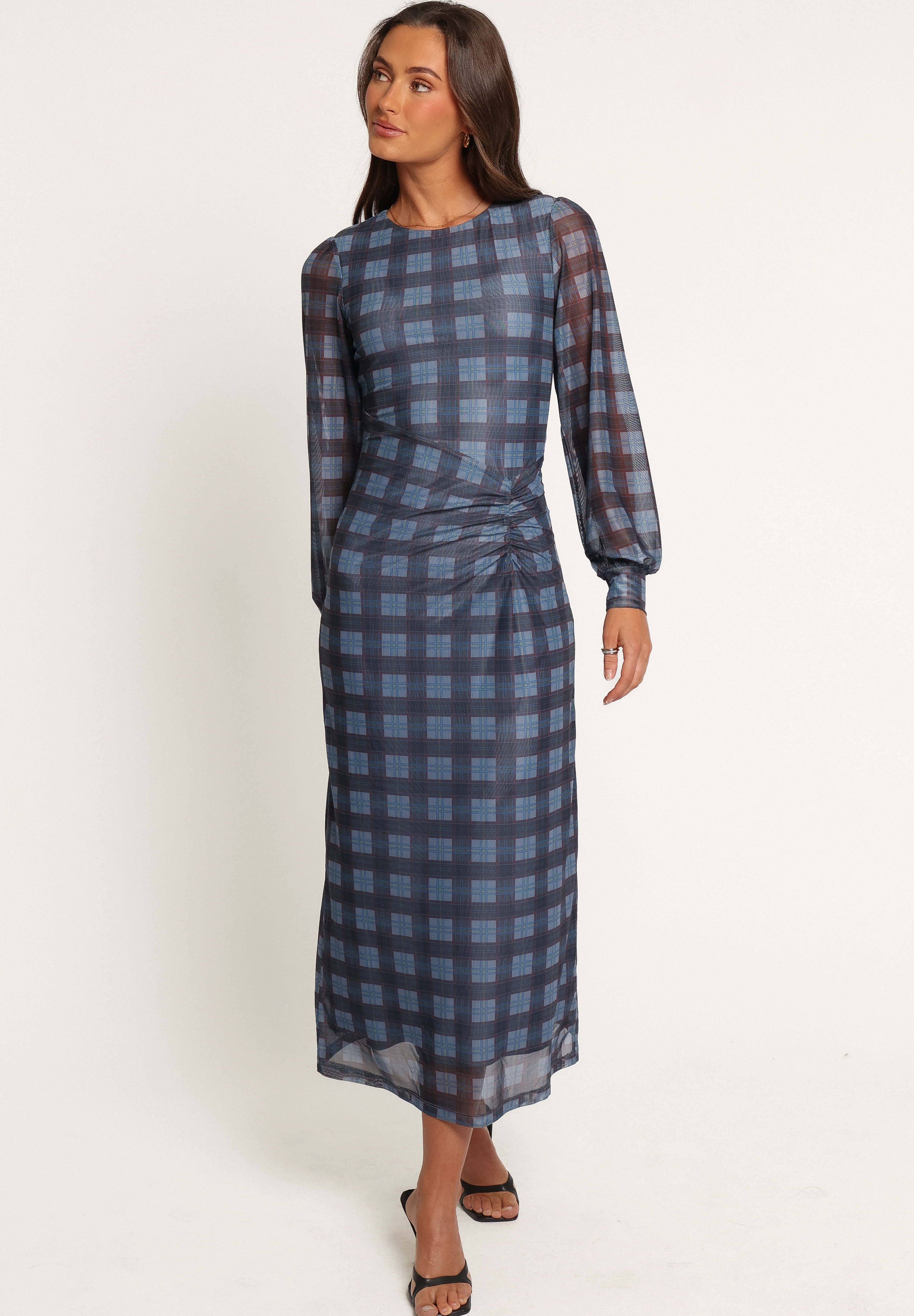 Clemens Mesh Maxi Dress - Blue Plaid