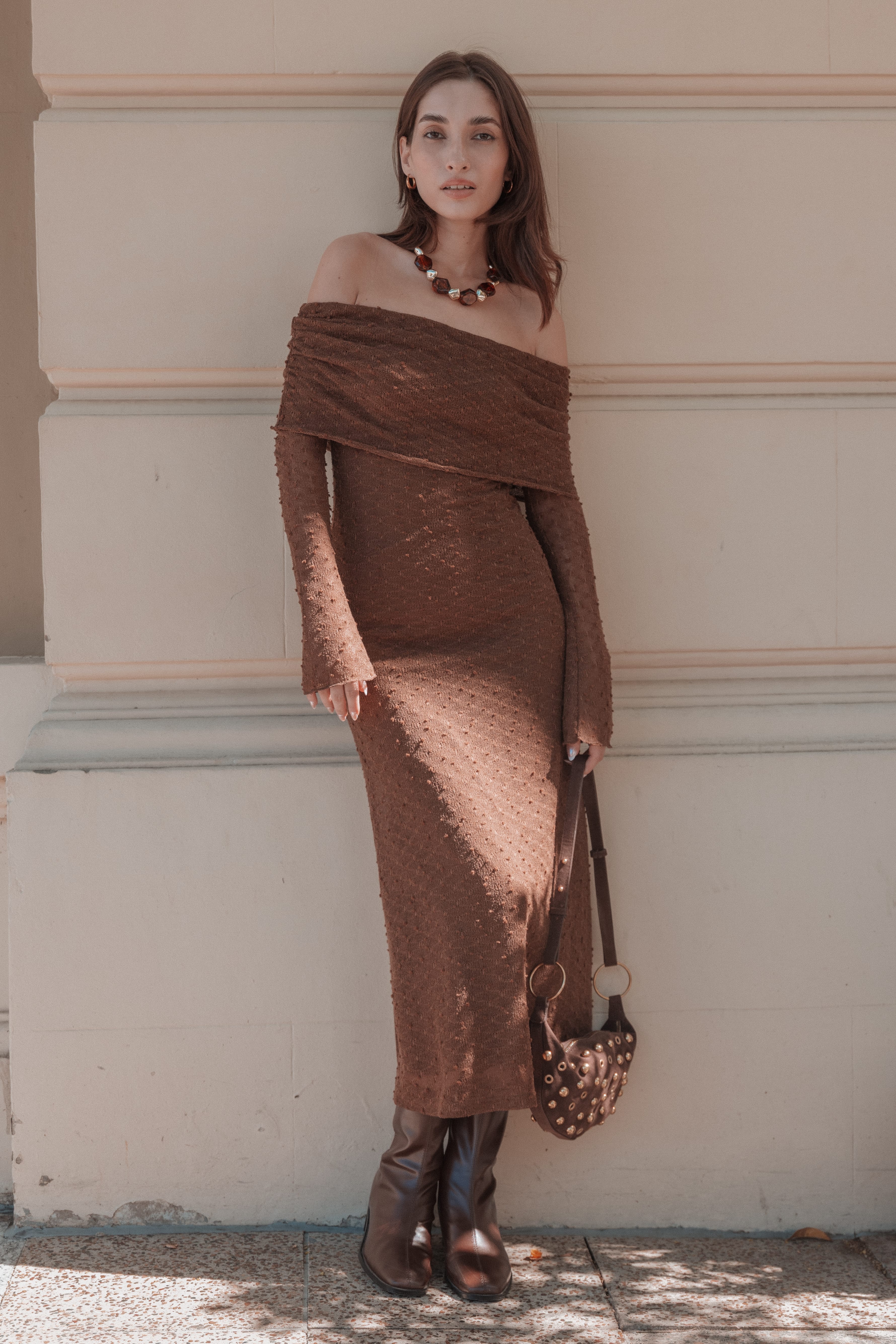 Wilma Off Shoulder Dress - Brown