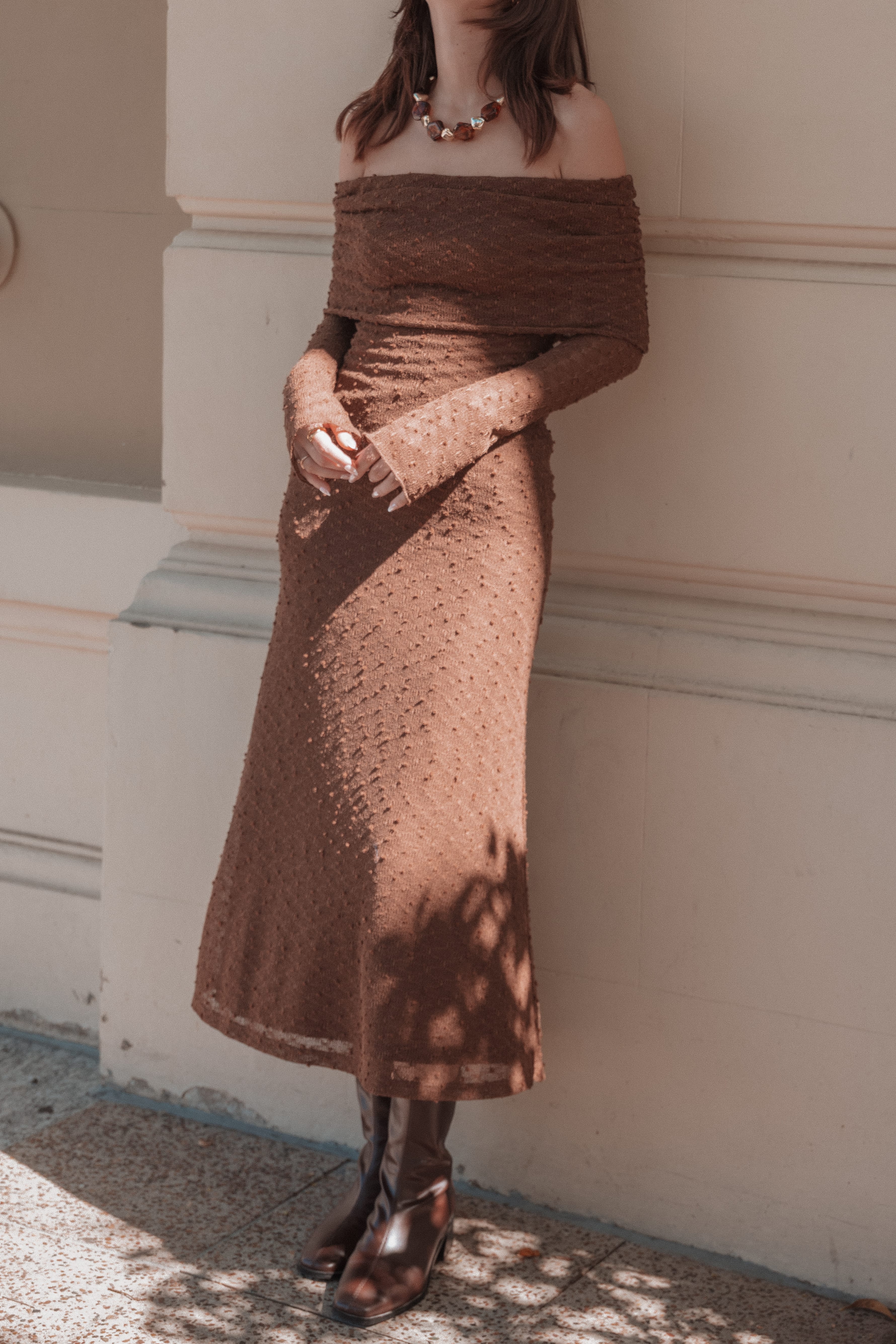 Wilma Off Shoulder Dress - Brown
