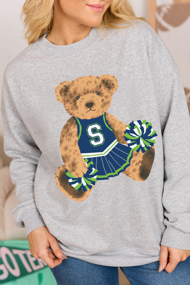 Vintage Green and Blue Cheer Teddy Bear Light Grey Oversized Graphic Sweatshirt