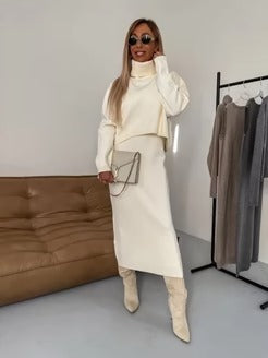 Two-Piece Set with Turtleneck Blouse & Midi Dress