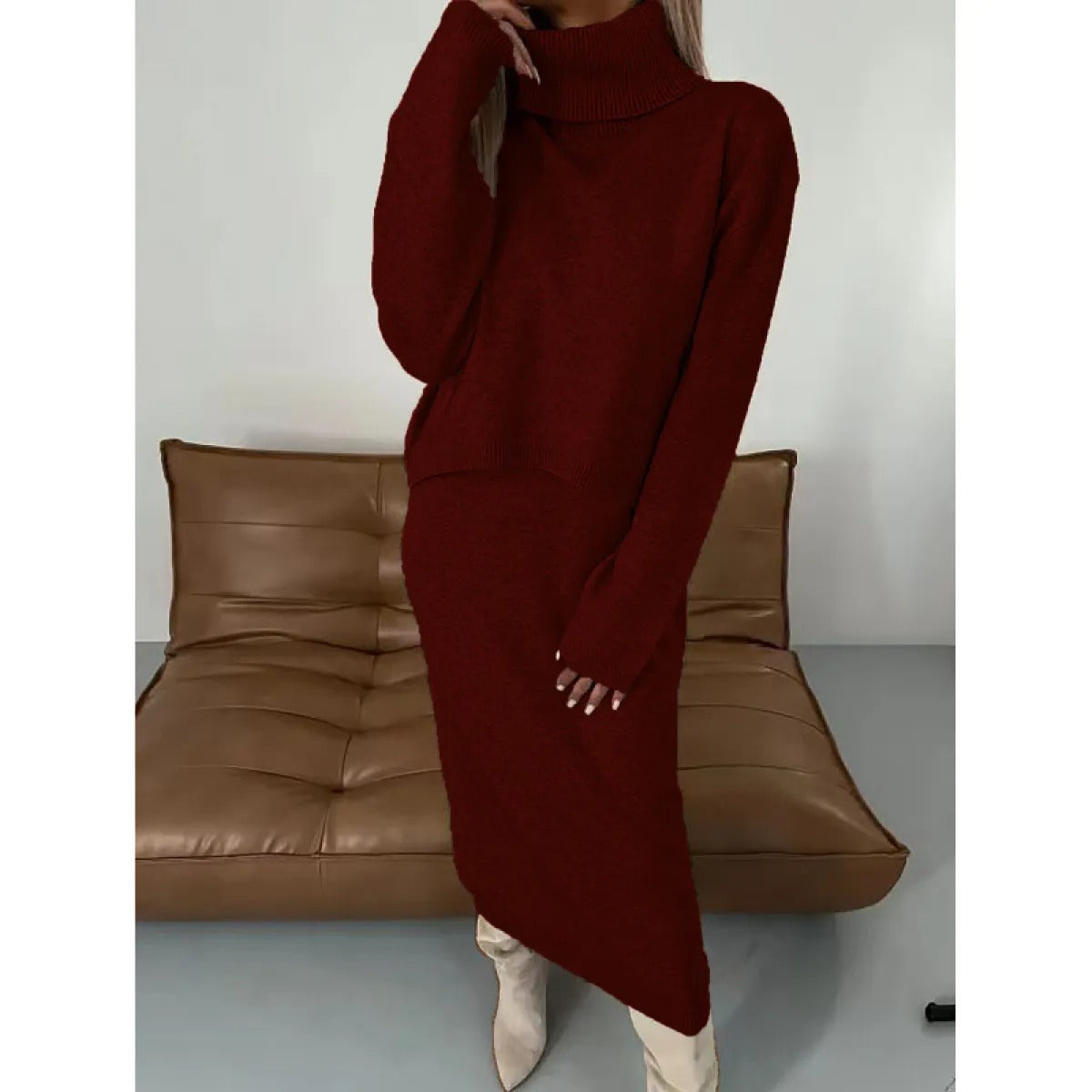 Two-Piece Set with Turtleneck Blouse & Midi Dress